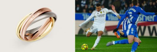 까르띠에 ‘트리니티 링’(왼쪽)과 레알 마드리드의 경기 모습(사진=까르띠에 홈페이지·AP 뉴시스).