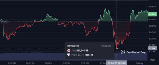비트코인이 22일 새벽 8만7000달러대까지 하락했다가 현재 9만달러대 안팎을 기록하고 있다. (사진=코인마켓캡)