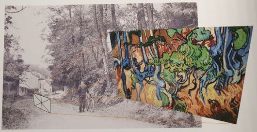 엽서 속 사진과 반 고흐가 '나무뿌리들'을 그린 것으로 추정되는 각도와 장면을 합성한 그래픽/반 고흐의 집