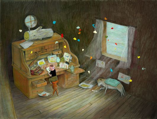 그림책 '고개를 들면 보이는 것들'의 마지막 장면으로, 로렌조가 그레오리오에게 선물 받은 그림 도구로 새로운 희망을 그리고 있다. /지양사