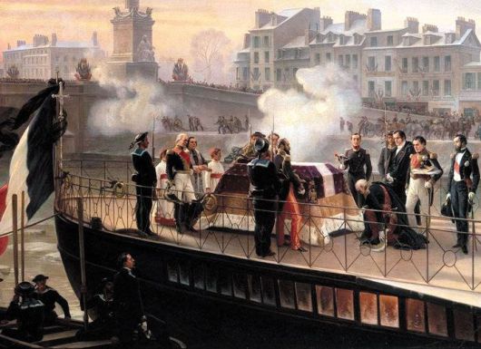 파리 인근에 도착하는 유해 - 나폴레옹이 죽은 지 20년 뒤에야 비교적 온전히 보존됐던 그의 시신과 유품들이 다시 프랑스로 돌아올 수 있었다. 전쟁 화가 앙리 펠릭스 에마뉘엘 필리포토의 그림 ’1840년 12월 14일 쿠르브부아(파리 교외 도시)에 도착하는 나폴레옹의 유해’. /위키피디아