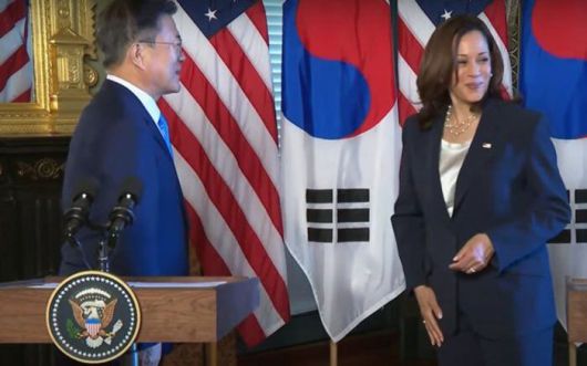 카멀라 해리스(오른쪽) 미국 부통령이 지난 21일(현지 시각) 백악관 아이젠하워 행정동에서 문재인 대통령과 악수한 직후 옷에 손을 문질러 닦고 있다. 이 장면은 백악관 유튜브 생중계에 그대로 담겼다. /유튜브 캡처