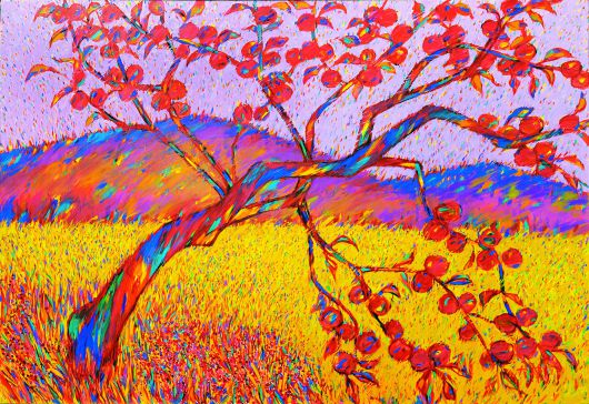 이대원, ‘농원’, 1984, 개인소장. 이대원의 대학 입학을 기념하여 부친이 심은 사과나무를 그린 것이다. 수십 년이 지나 수형이 비틀어졌는데도, 화가는 이 나무를 계속 그렸다.