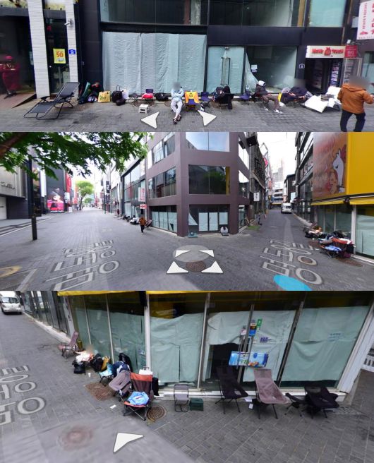 네이버 지도 '거리뷰'에 선명하게 찍힌 서울 중구 스와치 명동점 앞의 리셀러들. 이 사진은 지난 4월 촬영됐다. /네이버 지도 캡처