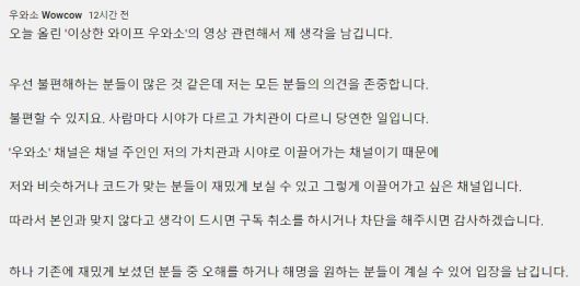 채널 측이 올린 해명 글. /유튜브 '우와소'