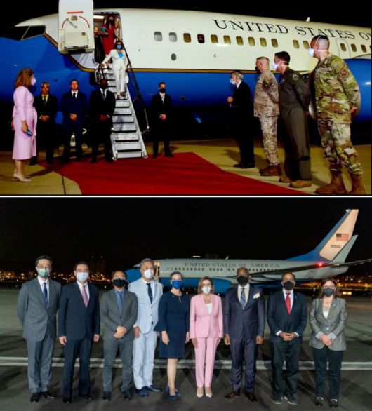 미국 권력서열 3위인 낸시 펠로시 하원의장이 3일 오후 경기 오산 미 공군기지에 도착해 필립 골드버그 주한미국 대사, 폴 라카메라 주한미군사령관의 영접을 받은 반면에 직전 방문국인 대만에서는 낸시 펠로시 하원의장이 2일(현지시간) 밤 대만 타이베이 쑹산공항에 도착해 대만의 외교부장의 영접을 받고 기념촬영을 했다. 펠로시 의장이 오산 공군기지에 도착했을 때 미국관계자들만이 영접을 하였고 우리 국회나 정부 관계자는 보이지 않았다. / 주한미국대사관 대만 외교부