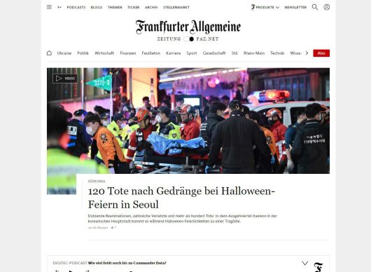 독일 프랑크푸르트알게마이너차이퉁(FAZ) 뉴스 페이지 /FAZ 홈페이지 캡춰