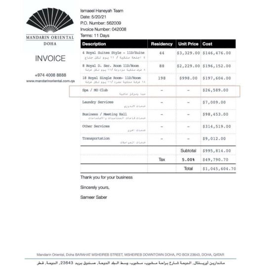 하마스 지도부가 지난 2021년 도하의 5성급 호텔에서 100만달러 이상을 썼다는 의혹이 나왔다. /엑스(트위터)