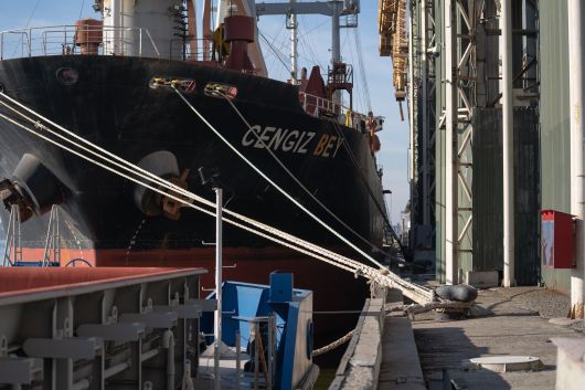 지난달 말 우크라이나 남부 미콜라이우에서 농산물 회사 '니불론'이 운영하는 항구에 정박해 있는 화물선. 지난해 2월 러시아가 우크라이나를 침공한 후 흑해로 나가는 배들을 폭격하겠다고 공격하면서 1년 10개월째 항구에 묶여 있다. /볼로디미르 케펠(PIJL)