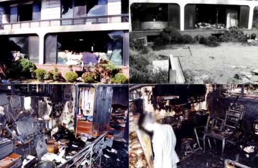 박한상과 부모님이 살던 서울 삼성동 2층 자택이다. 사건 발생 후 화재로 불타버린 모습. /채널A 뉴스 유튜브 영상