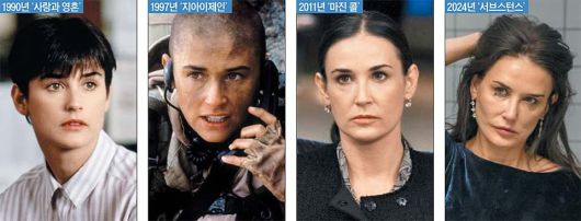 1981년 성인 잡지의 누드 모델로 데뷔한 데미 무어는 40년 넘게 몸으로 연기해 왔다. 왼쪽부터 무어를 세계적인 스타로 만든 대표작 ‘사랑과 영혼’, 근육질 몸으로 변신한 ‘지아이(G.I.)제인’, 조연으로 출연한 영화 ‘마진 콜: 24시간, 조작된 진실’, 신체 노화를 괴기스럽게 표현한 ‘서브스턴스’. /파라마운트픽처스·게티이미지코리아·조이앤컨텐츠그룹·찬란