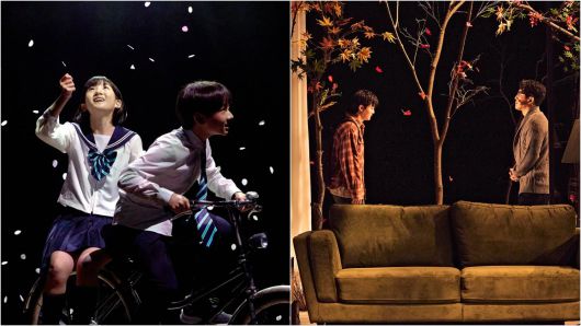 연극 ‘바닷마을 다이어리’(예술의전당 자유소극장)는 네 자매가 진짜 가족이 돼 가는 과정을 그리는 부드럽고 달달한 드라마. 소년과 소녀가 벚꽃비 아래 자전거를 달리면 관객의 마음도 함께 환해진다.(왼쪽) 의심과 불신으로 무너져가는 가족을 다루는 ‘붉은 낙엽’(국립극장 달오름극장)은 연극적 서스펜스의 극한을 보여준다. 두 작품 모두 연출가 이준우(40) 연출작이다./라이브러리 컴퍼니
