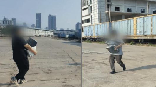 3월28일 중국 국유기업이 건설 중이던 태국 방콕 감사원 신청사 건물이 지진으로 붕괴된 직후 중국인 직원들이 현장 사무실에서 공사 관련 서류를 빼돌리는 모습. /Thai PBS