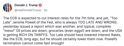 도널드 트럼프 미국 대통령은 17일 연방준비제도가 금리를 인하해야 한다고 주장했다./트루스소셜