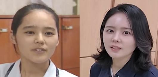 학창 시절 한 방송사와 뉴스 인터뷰를 하던 한가인(왼쪽)과 현재 사진./유튜브 '자유부인'