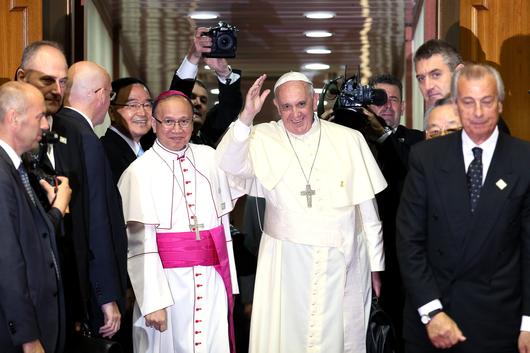 Pope Francis waves goodbye before departing through Seoul's Seongnam Airport in Gyeonggi Province at the end of his 4-day visit to South Korea on August 4, 2014./News1
