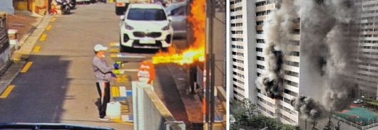 아파트 불내기 전에… 인근 빌라 앞에서 '점화 테스트' - 21일 오전 서울 관악구 봉천동의 한 빌라 앞에서 60대 남성이 농약 살포기로 불을 쏘고 있다(왼쪽 사진). 흰 통 안에는 기름이 담긴 것으로 추정된다. 이후 이 남성은 같은 방법으로 봉천동 아파트 4층에 불을 질렀다. 아파트에 연기가 치솟는 모습(오른쪽 사진). /온라인 커뮤니티·독자 제공