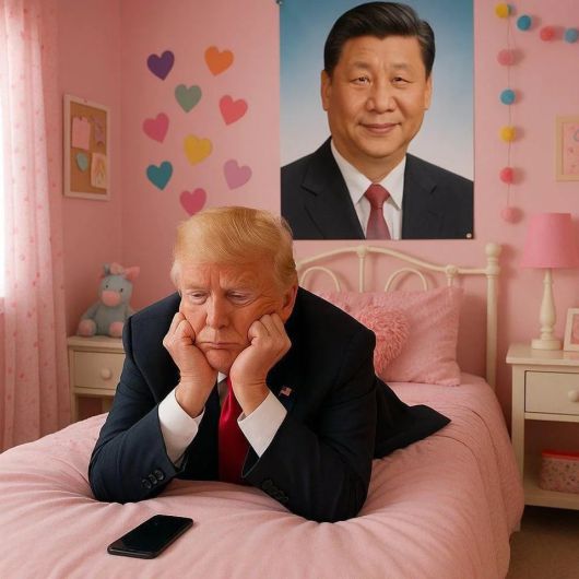 커다란 시진핑 포스터가 붙어 있는, 분홍색으로 가득한 방에서 트럼프가 양 손으로 턱을 괴고 침대에 엎드려 있다. 트럼프가 시진핑을 오매불망 기다리는 듯한 상황을 표현한 온라인 밈(meme) 사진. /소셜미디어 엑스(X)