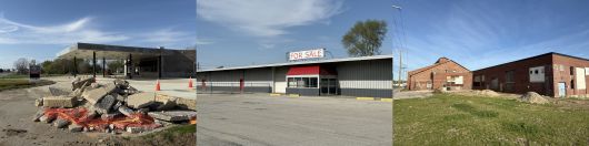 한때 제조업의 성지로 불렸지만 지금은 쇠락해 '러스트 벨트'의 상징적인 곳으로 꼽히는 미국 인디애나주 코코모 도심의 낙후된 모습. 왼쪽부터 폐업한 채 방치돼 있는 주유소, 매물로 나온 공실 상가, 유리창이 깨져 있는 폐공장. /박국희 특파원