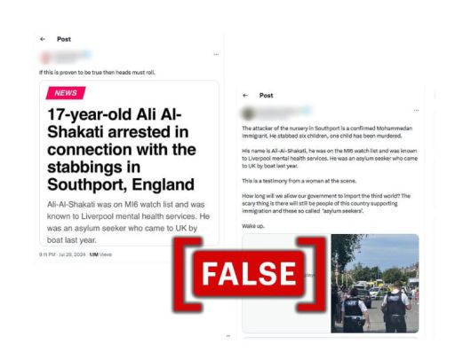 /로지컬리사우스포트 흉기 난동의 범인이 '알리 알-샤카디'라고 적시한 '채널3나우'와 소셜미디어 게시글을 '로지컬리'가 거짓 정보로 판명했다.