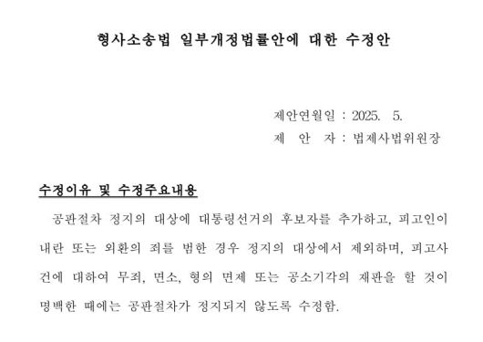 민주당이 지난 7일 국회 법사위에서 수정 가결한 형사소송법 개정안. 원안에 없던, 대통령 후보자로 등록만 해도 재판이 정지된다는 내용, 무죄 등을 선고할 재판은 계속 해도 된다는 내용이 추가됐다.