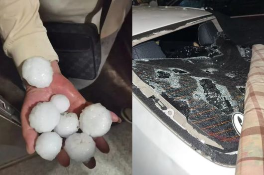 중국 수도 베이징에 쏟아진 계란 크기만한 우박(왼쪽)과 피해를 입은 차량. /중국 소셜미디어