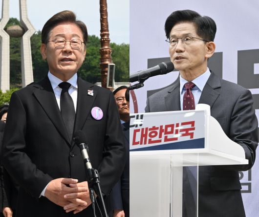 이재명 더불어민주당 대통령 후보(왼쪽)가 18일 광주 북구 국립5·18민주묘지에서 열린 '제45주기 5·18 민주화운동기념식'에 참석한 뒤 취재진 질문에 답하고 있다. 오른쪽은 여의도 당사에서 경제 분야 공약을 발표하는 김문수 국민의힘 후보. /뉴스1