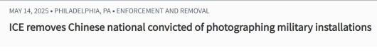ICE가 군 시설 무단 촬영 혐의로 체포된 중국 유학생 S를 추방한 뒤 그를 '제거했다'고 발표했다./ICE