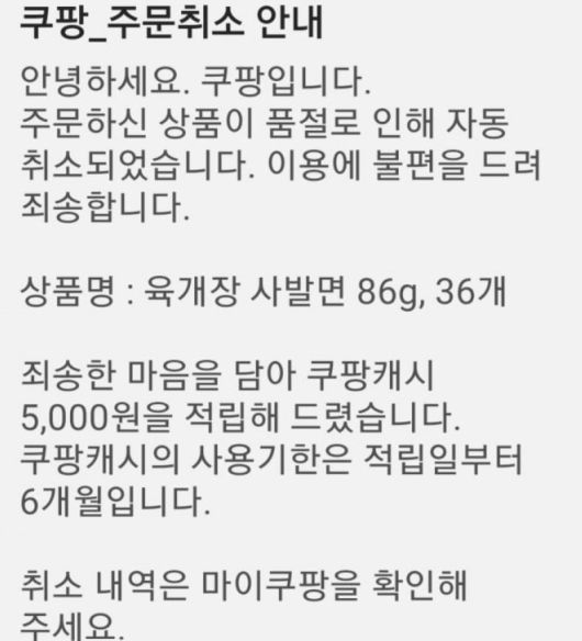 쿠팡이 육개장 주문 후 미배송 고객에게 쿠팡 캐시 5000원을 지급했다는 글./ 온라인 커뮤니티