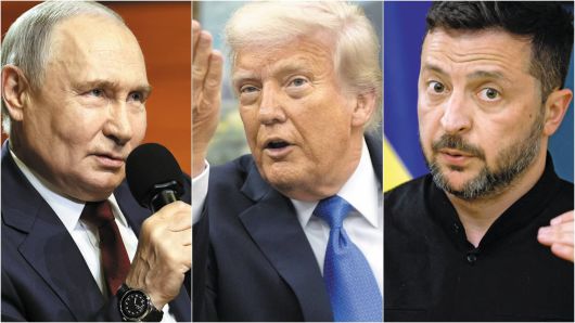 왼쪽부터, 푸틴 러시아 대통령, 도널드 트럼프 미국 대통령, 젤렌스키 우크라이나 대통령./AP·로이터 연합뉴스