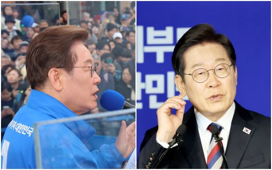 왼쪽 사진은 이재명 더불어민주당 대선 후보가 24일 경기 시흥시 배곧아브뉴프랑센트럴광장에서 유세하고 있는 모습. 오른쪽 사진은 이튿날인 25일 이 후보가 서울 여의도 민주당사에서 기자회견을 하고 있는 모습./뉴시스·남강호 기자