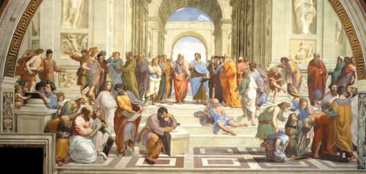 르네상스 시대의 화가 라파엘로가 1511년 완성한 프레스코화 '아테네 학당'. 가운데 두 인물이 플라톤(왼쪽)과 아리스토텔레스다. 이상주의를 중시한 플라톤이 하늘을 가리키고 있는 반면, 현실적이고 경험적인 철학을 설파한 아리스토텔레스는 땅을 향해 손바닥을 펼치고 있다. /바티칸박물관