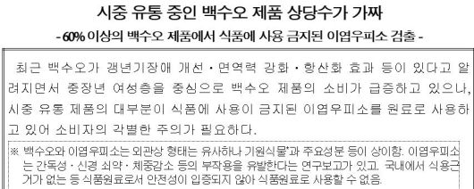 한국소비자원이 2015년 4월 발표한 '가짜 백수오' 관련 보도자료. 내츄럴엔도텍의 원료를 수거·시험한 결과, 가짜 백수오인 ‘이엽우피소’ 성분이 검출됐다는 것이 골자다. /한국소비자원