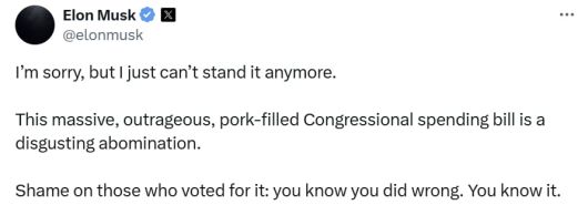 일론 머스크 테슬라 CEO가 도널드 트럼프 대통령이 추진 중인 감세 법안을 비판했다./X