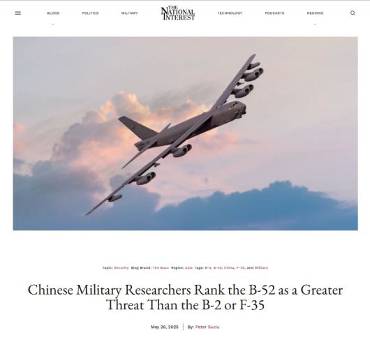 중국군이 B-52를 B-2, F-35보다 더 큰 위협으로 분류했다고 보도한 미 외교안보 매체 내셔널 인터레스트의 5월26일 기사. /내셔널 인터레스트