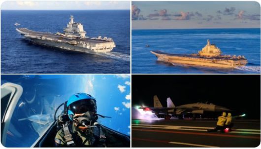 10일 중국 인민해방군 해군이 소셜미디어 X에 공개한, 서태평양에서 작전 중인 랴오닝ㆍ산둥 항모와 전투기 J-15T의 이륙 모습./X