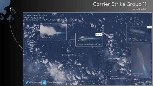 8일 현재 남중국해와 웨스트필리핀해의 스카버러 암초 인근에서 작전 중인 미 항모 니미츠함(CVN-68)과 얼리버크급 구축함 두 척, 호바트급으로 추정되는 구축함의 위치/X