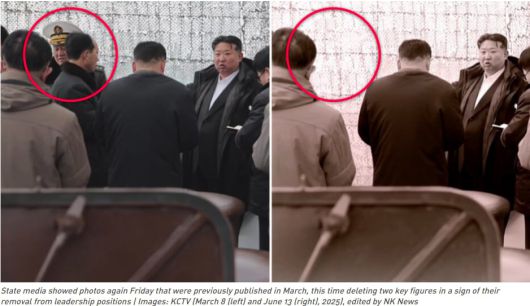 북한 조선중앙TV가 지난 3월 보도한 장면(왼쪽)과 지난 13일 보도한 장면(오른쪽). 김명식 해군사령관과 홍길호 청진조선소 지배인의 모습이 지워졌다. /미국 NK뉴스 홈페이지 캡처