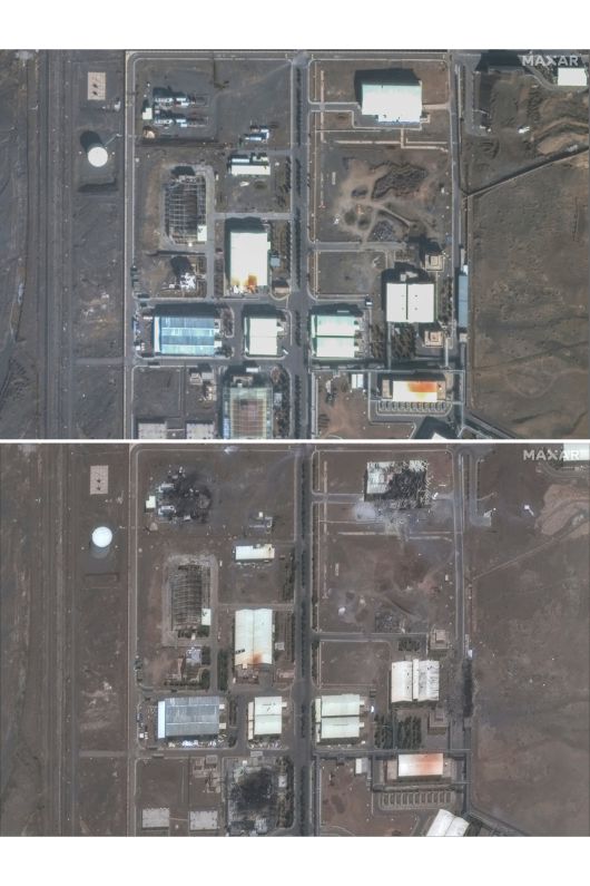 이란 테헤란에서 남동쪽으로 135마일 떨어진 나탄즈 핵 농축 시설의 2025년 1월 24일 사진(위)과 지난 13일 이스라엘 공습으로 파괴된 나탄즈 핵 농축 시설 사진(아래). (Maxar Technologies). AP 연합뉴스