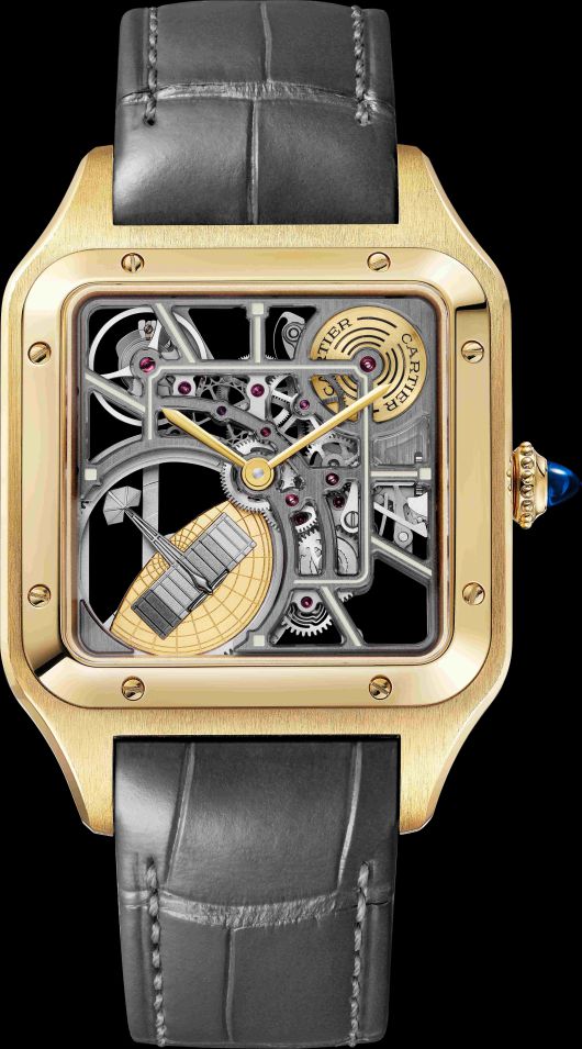 '산토스 뒤몽 마이크로 로터 스켈레톤 워치' 리미티드 에디션. 라지 모델, 오토매틱 메캐니컬 무브먼트 9629 MC. 옐로우 골드 케이스, 사파이어 카보숑 1개를 세팅한 옐로우 골드 비즈 크라운, 베이지 래커 장식 브리지, 세미-매트 다크 그레이 앨리게이터 가죽 스트랩. 까르띠에.