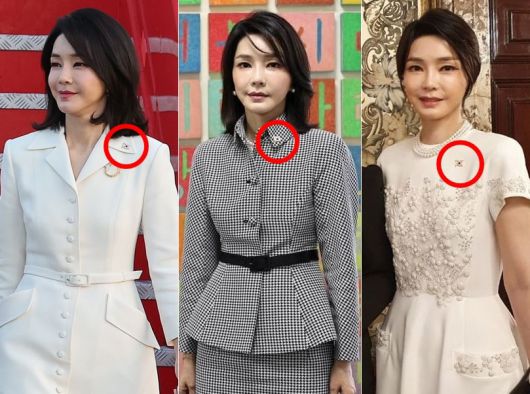 2022년 나토(NATO·북대서양조약기구) 정상회의 참석을 위해 윤석열 전 대통령과 스페인을 찾은 김건희 여사는 같은 모양의 배지를 착용했다. /연합뉴스, 뉴스1