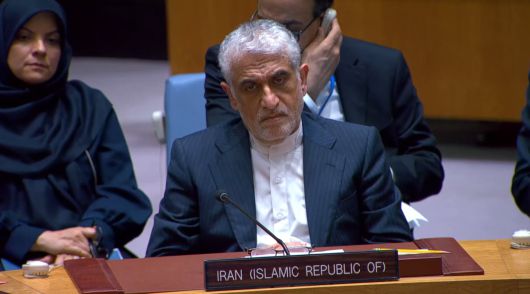 아미르 사에드 이라바니 주유엔 이란 대사은 22일 유엔 안전보장이사회 회의에서 미국과 이스라엘을 동시에 비판하며 보복 공격을 시사했다./유엔