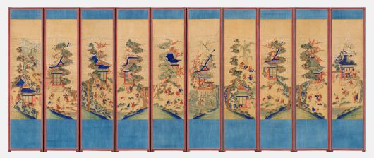 미국 덴버미술관 소장 '백동자도 병풍'이 보존처리를 끝내고 공개된 모습. 조선 19~20세기. 각 폭 141.5×34.5cm. /국립고궁박물관