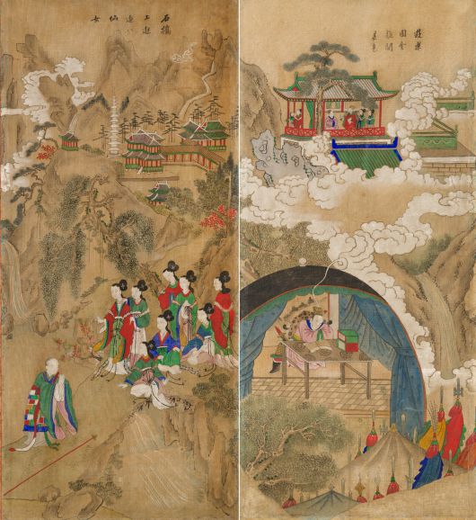 '구운몽도 병풍' 일부. 왼쪽은 성진이 팔선녀를 만나는 장면(1폭), 오른쪽은 양소유가 용왕의 딸 백능파를 만나는 꿈을 꾸는 장면(6폭)이다. /국립고궁박물관