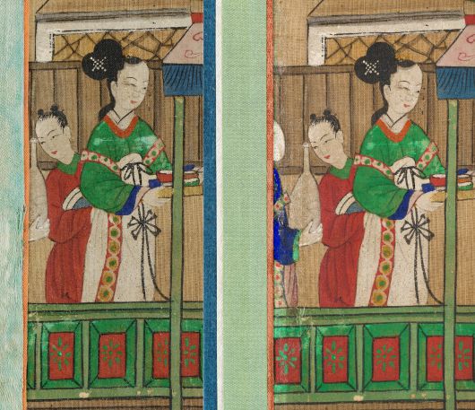 '구운몽도 병풍' 보존처리 중 장황 직물에 가려져 있던 그림이 발견돼, 화면을 넓혀 그림이 드러나도록 새롭게 장황했다. 왼쪽이 보존처리 전, 오른쪽이 보존처리 후 모습. /국립고궁박물관