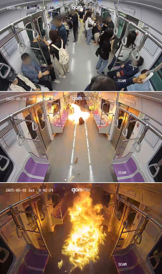 검찰이 공개한 사건 당시 지하철 내부 폐쇄회로(CC)TV 영상을 보면 원씨가 가방에 숨겨뒀던 휘발유를 바닥에 쏟아부은 뒤 라이터로 불을 붙이자 순식간에 열차 내부에 불이 번지는 모습이 담겨 있다. /서울남부지검