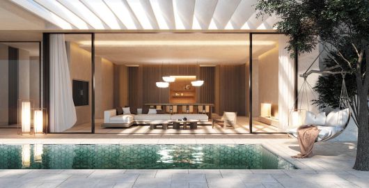 순수 온천 직수가 공급되는 8m 길이의 풀이 있는 설해수림 풀빌라.