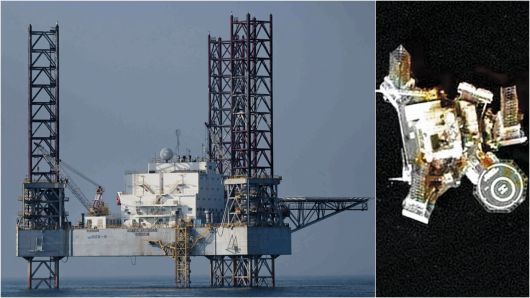 중국이 ‘양어장 관리 지원 시설’이라고 주장하며 서해 잠정 조치 수역(PMZ)에 설치한 해저 고정 구조물을 지난 2월 26일 한국해양과학기술원 소속 해양 조사선 온누리호가 현장 조사 중 촬영한 사진(왼쪽). 오른쪽은 중국이 2022년 10월 서해 잠정 조치 수역(PMZ) 서쪽 끝단에 설치한 고정 구조물을 최근 촬영한 위성 사진./한국해양과학기술원·엄태영 국민의힘 의원·미국 위성 업체 스카이파이(skyfi.com)