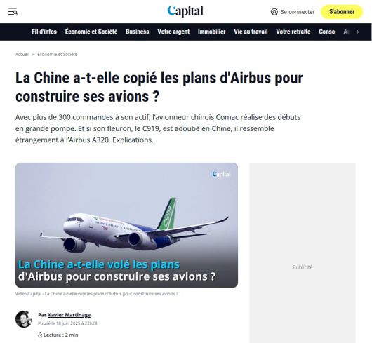 프랑스 경제 월간지 캐피털은 6월18일 "중국산 중형 여객기 C919가 에어버스 A320과 놀라울 정도로 비슷하다"며 복제 의혹을 제기했다. /캐피털