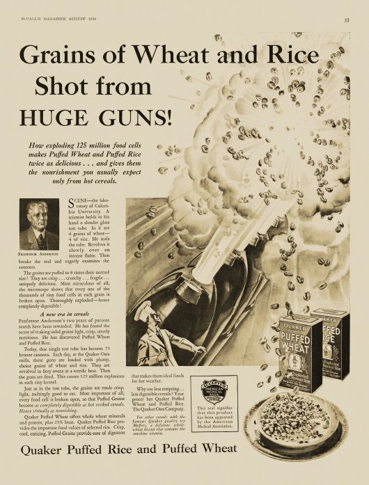 미국 대중 잡지 '매콜스(McCall's)' 1930년 8월호. '거대한 총에서 발사된 밀과 쌀'이라는 제목이 붙어 있다. 1902년 미국 미네소타주 출신 식물학자 알렉산더 앤더슨이 발명한 곡물 팽창 기계는 뻥튀기 기계의 원조다. 이 기계로 팽창시킨 곡물을 시리얼 재료로 사용한다. /미 국회도서관, 미네소타역사학회